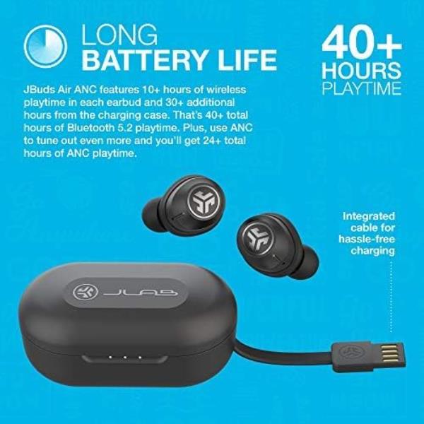 JLab JBuds Air ANC Bluetooth Earbuds, Active Noise Cancelling Earphones, Wireless Headphones with IP55 Sweat Resistance and Custom EQ3 Sound, In Ear Buds with Microphone and USB Charging Case