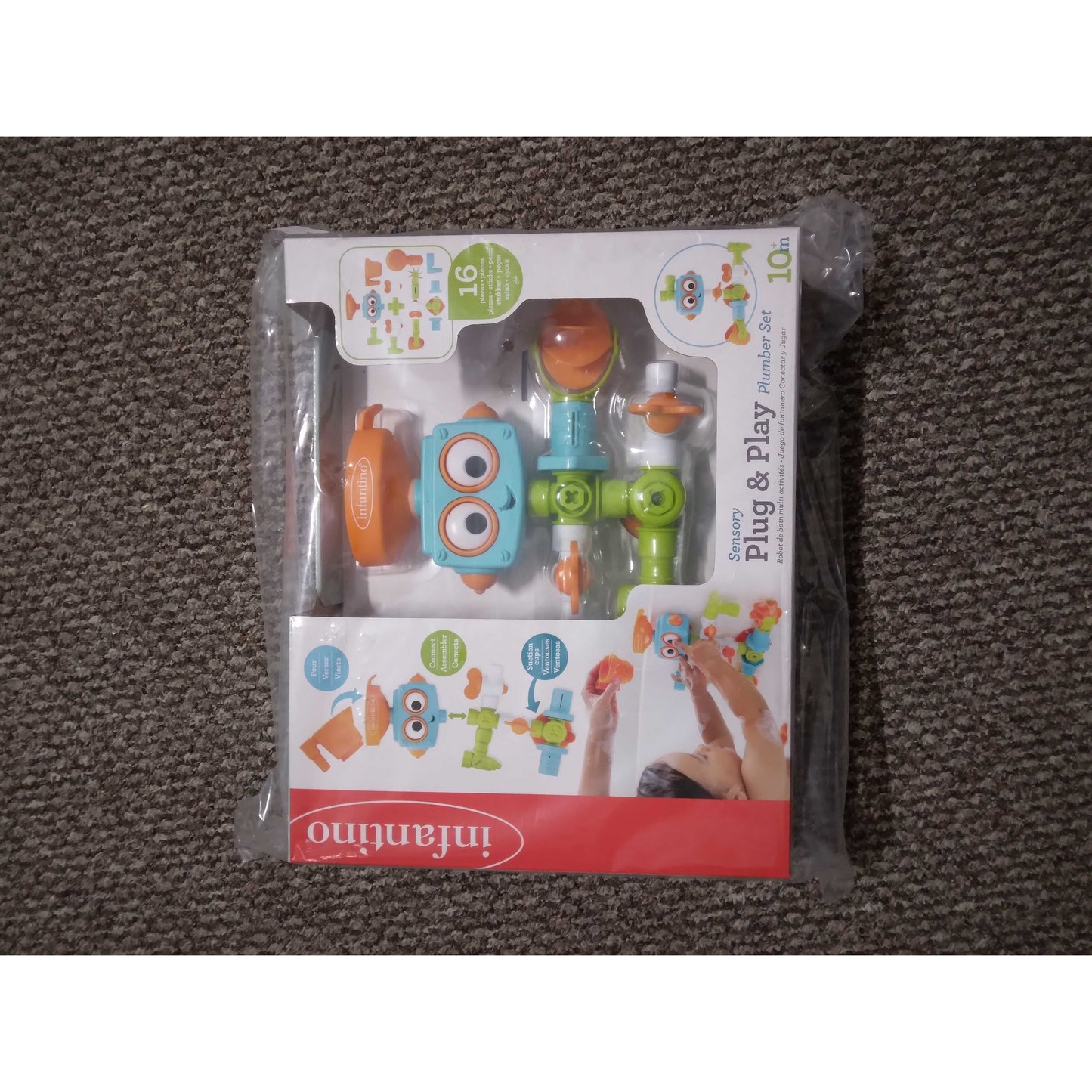 Infantino - Sensory Plug & Play - Plumber Bath Toy - Exploration and Learning - Cause and Effect - 16 Pieces - Bath Toy - Sensory Toy - Easy to Store-Multicolour -Babygift - From 10 months to 3 years