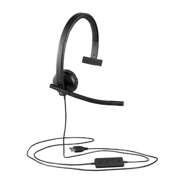 Logitech H570e Wired Headset, Mono Headphones with Noise-Cancelling Microphone, USB, In-Line Controls with Mute Button, Indicator LED, PC/Mac/Laptop - Black