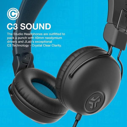JLab Studio Headphones Wired with C3 Crystal Clear Clarity Sound, Ultra-Plush Faux Leather and Cloud Foam Cushions, On-Ear Wired Headphones, Black