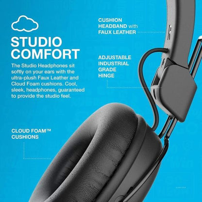 JLab Studio Headphones Wired with C3 Crystal Clear Clarity Sound, Ultra-Plush Faux Leather and Cloud Foam Cushions, On-Ear Wired Headphones, Black