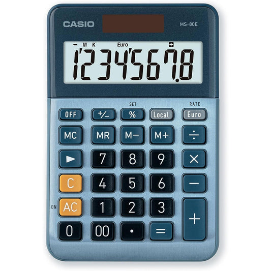Casio Desktop Calculator MS-80E 8-Digit Currency Conversion Aluminium Front Quick Correction Button Solar/Battery Operated